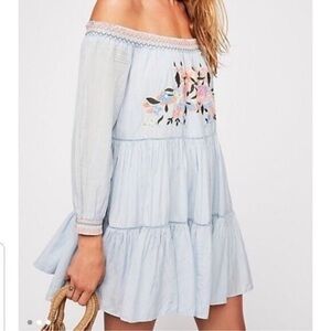 Free People  Sunbeams Mini Dress Light Blue Floral Embroidered Off Shoulder M